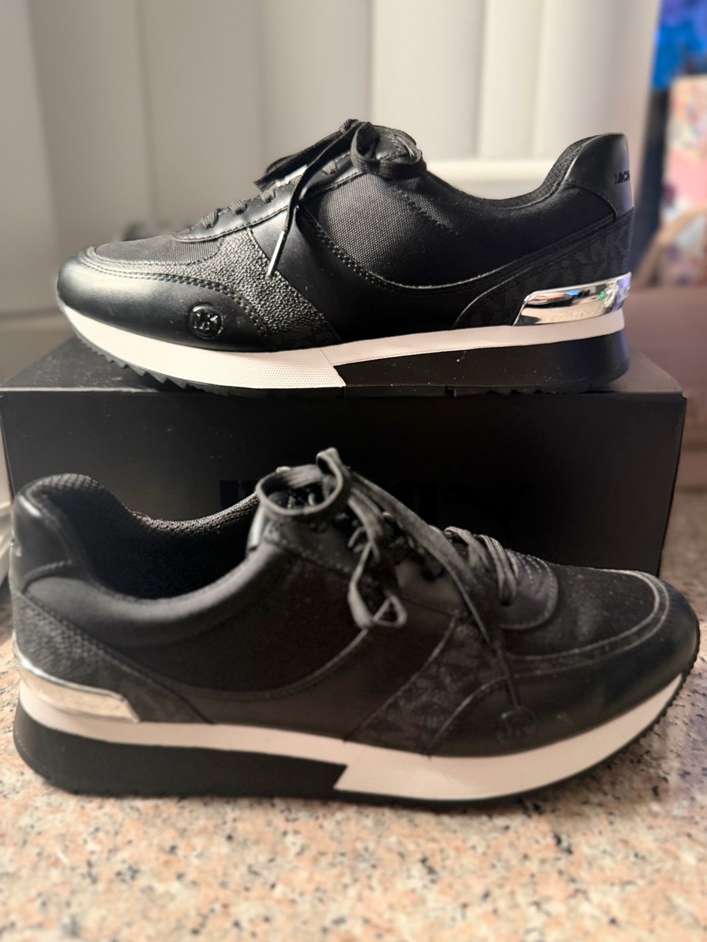 Michael Kors Black Low-Top Mixed-Material Sneakers with Silver Heel Accent